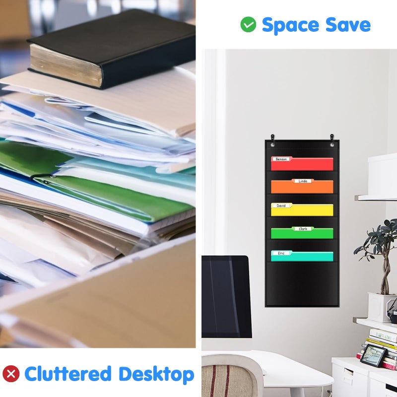 AUVCAS 5 Pocket Hanging Wall File Organizer, Storage Pocket Chart, Wall Mount/Over The Door File Organizer, Hanging File Folder Organizer for Classroom, Office and Home, Size: 28 x 14 inch, 2 Hangers - Image 3